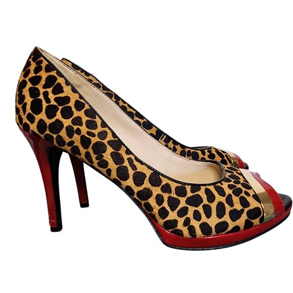 Nine West Women Shoes, "Glamrgirlo" Cow Fur Leather Peep Toe Heel Pumps, Sz 7.5M - Picture 1 of 10